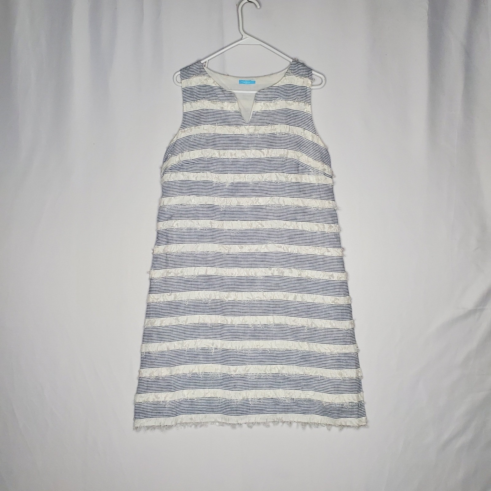 J Mclaughlin Striped Fringe V Neck Sleeveless Shift Dress Large